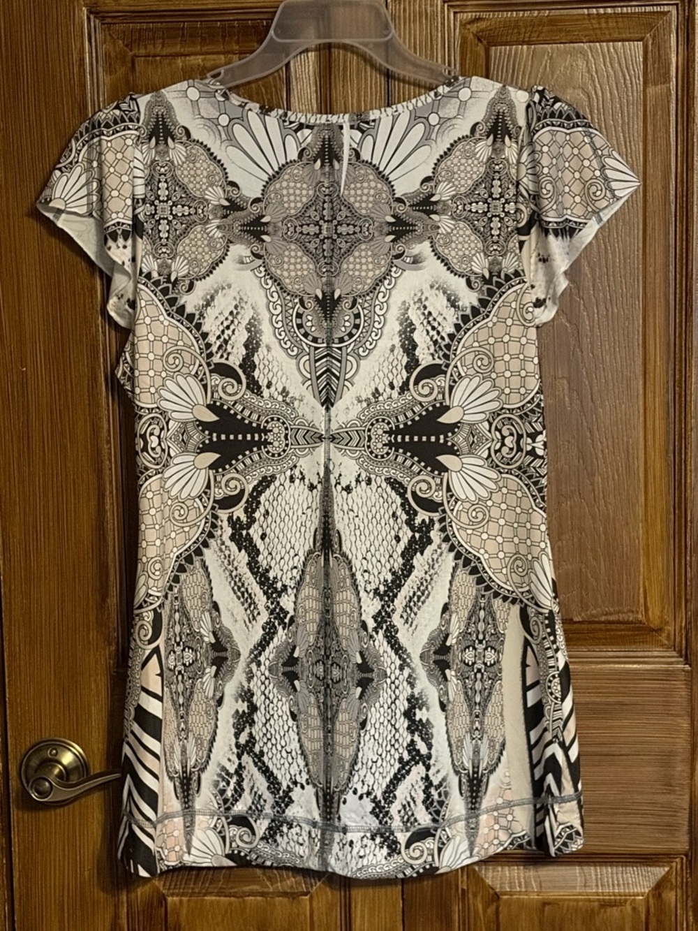 Energe' World Wear Printed Silky Scoop-Neck Tunic Top in Brown, White & Beige - Picture 3 of 8